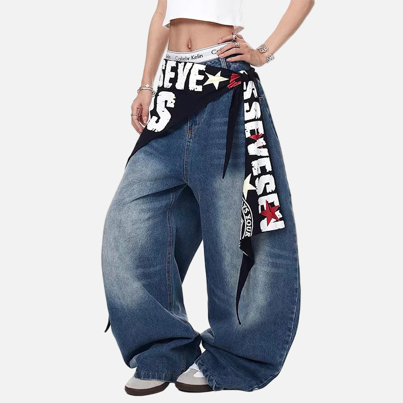 Person wearing wide-leg jeans with a bandana and visible branding on a white background