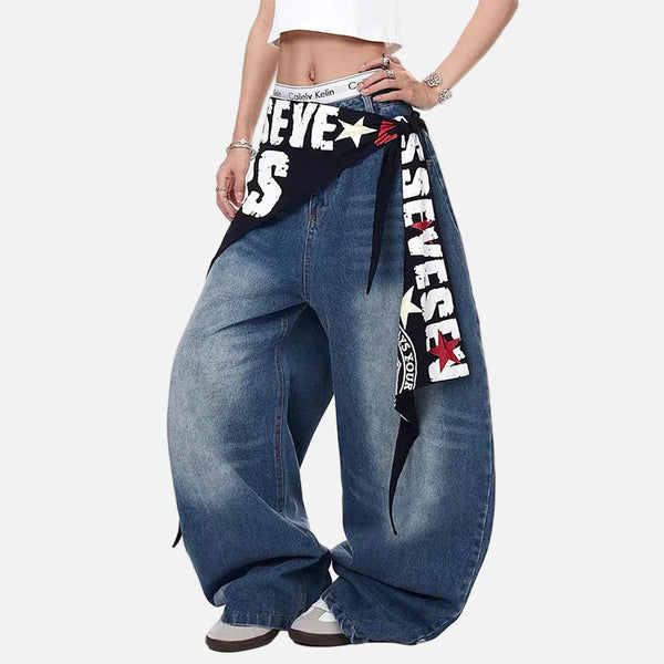 Person wearing wide-leg jeans with a bandana and visible branding on a white background