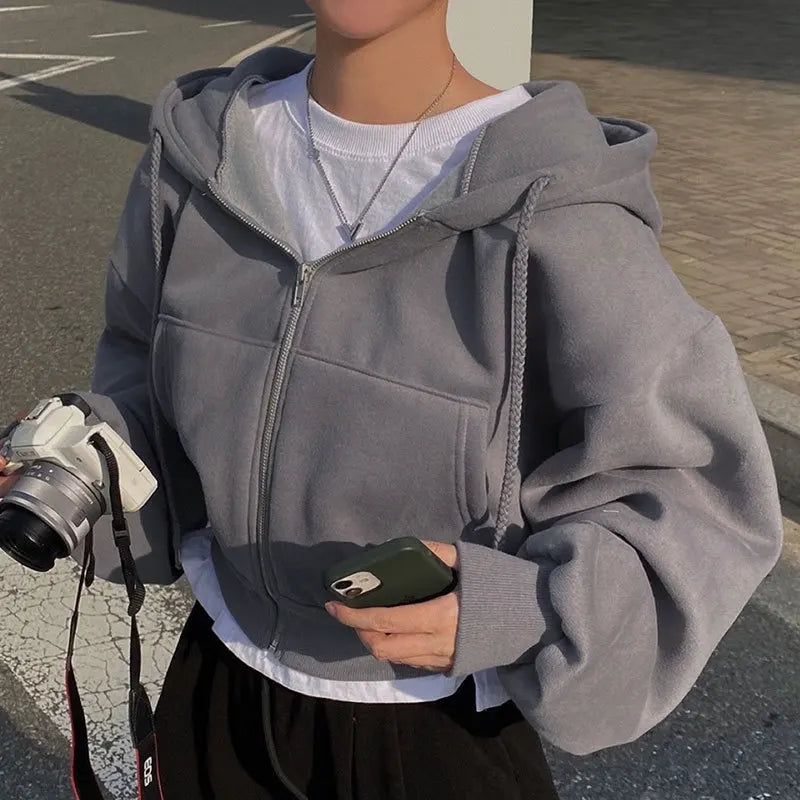 Model wearing the dark grey Y2k Retro Layered Hoodie 