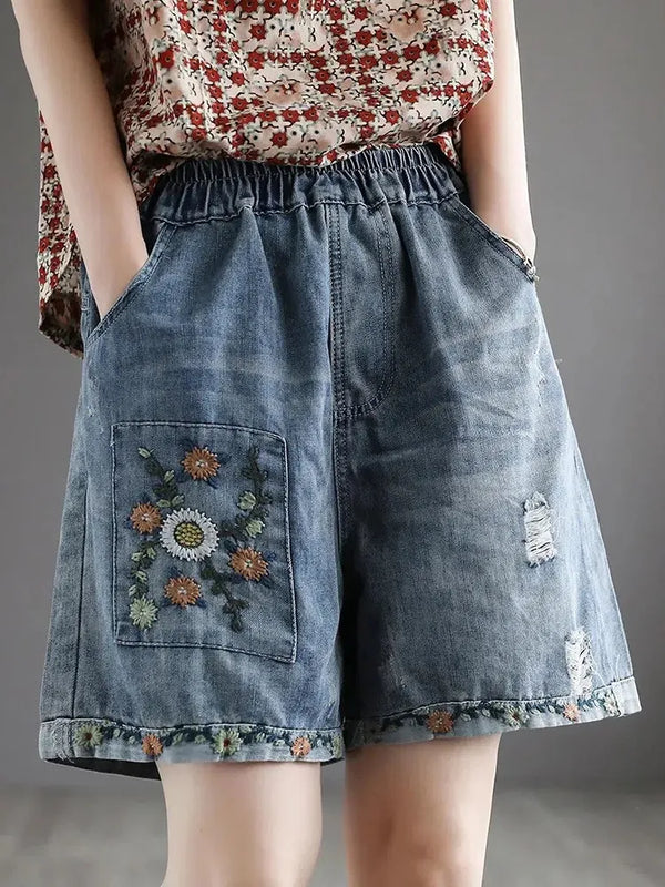 Flower Vintage Embroidery Denim Shorts