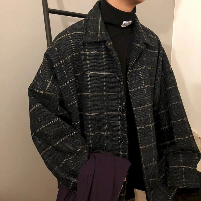 Model wearing the dark blue Plaid Perfection Jacket