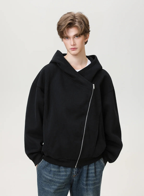 Strukturiertes Kapuzen-Sweatshirt mit schrägem Reißverschluss
