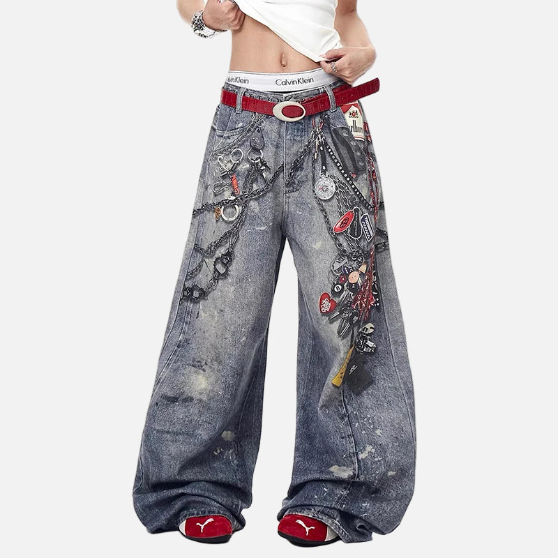 Wide-leg jeans with decorative elements and a red belt on a white background