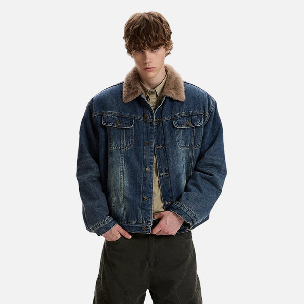 Durable Style Brushed Fur Collar Denim Jacket