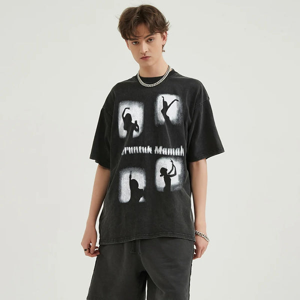 Camiseta negra lavada Vintage de Hip Hop para hombre, ropa de calle con gráfico de baile, camiseta de algodón Unisex, camisetas holgadas Hipster 2024