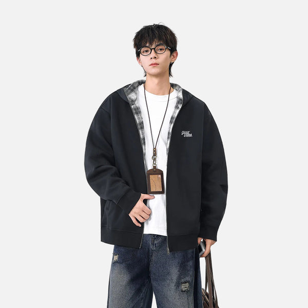 Y2K Warm Plaid Lined Zip-Up Hooded Sweatshirt