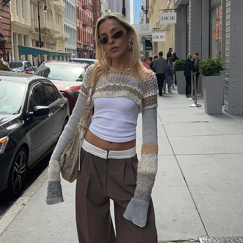 Model wearing the gray Cropped Knit Sweater