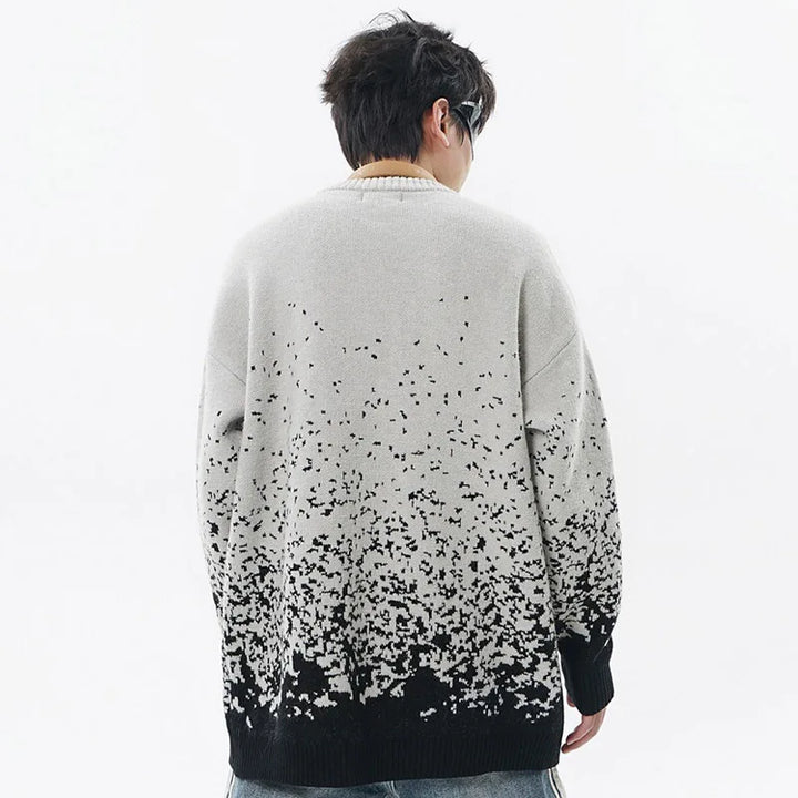 A model wearing the Y2K Sesame Jacquard Sweater while showing the backview