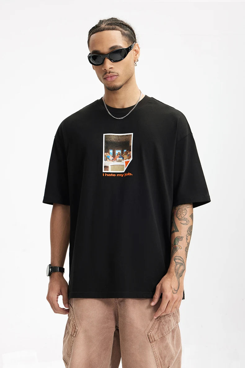 Model wearing the black I Hate My Job Graphic T-Shirt