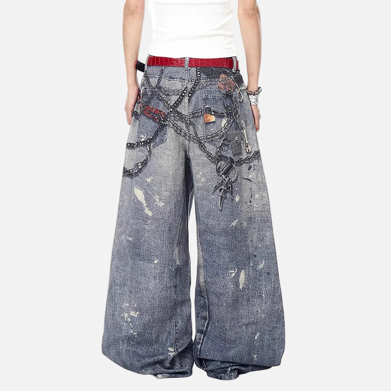 Wide-leg jeans with decorative elements on a white background