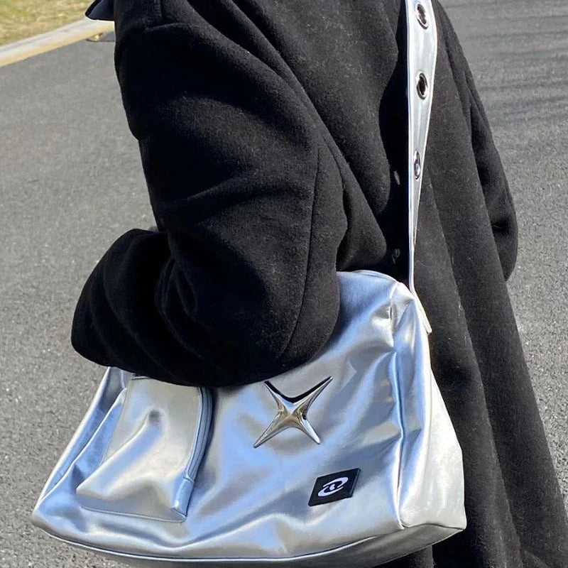 Model wearing the silver Star Design Shoulder Bag