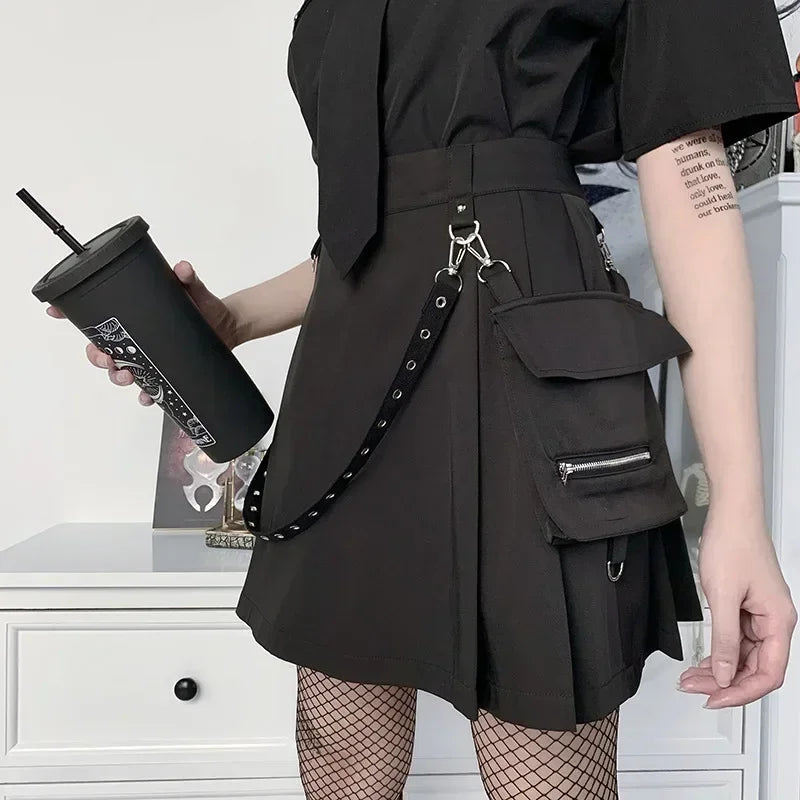 Model wearing the black Gothic Pleated Mini Skirt