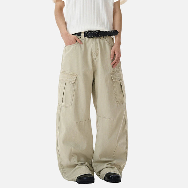 Beige cargo pants worn by a person on a white background