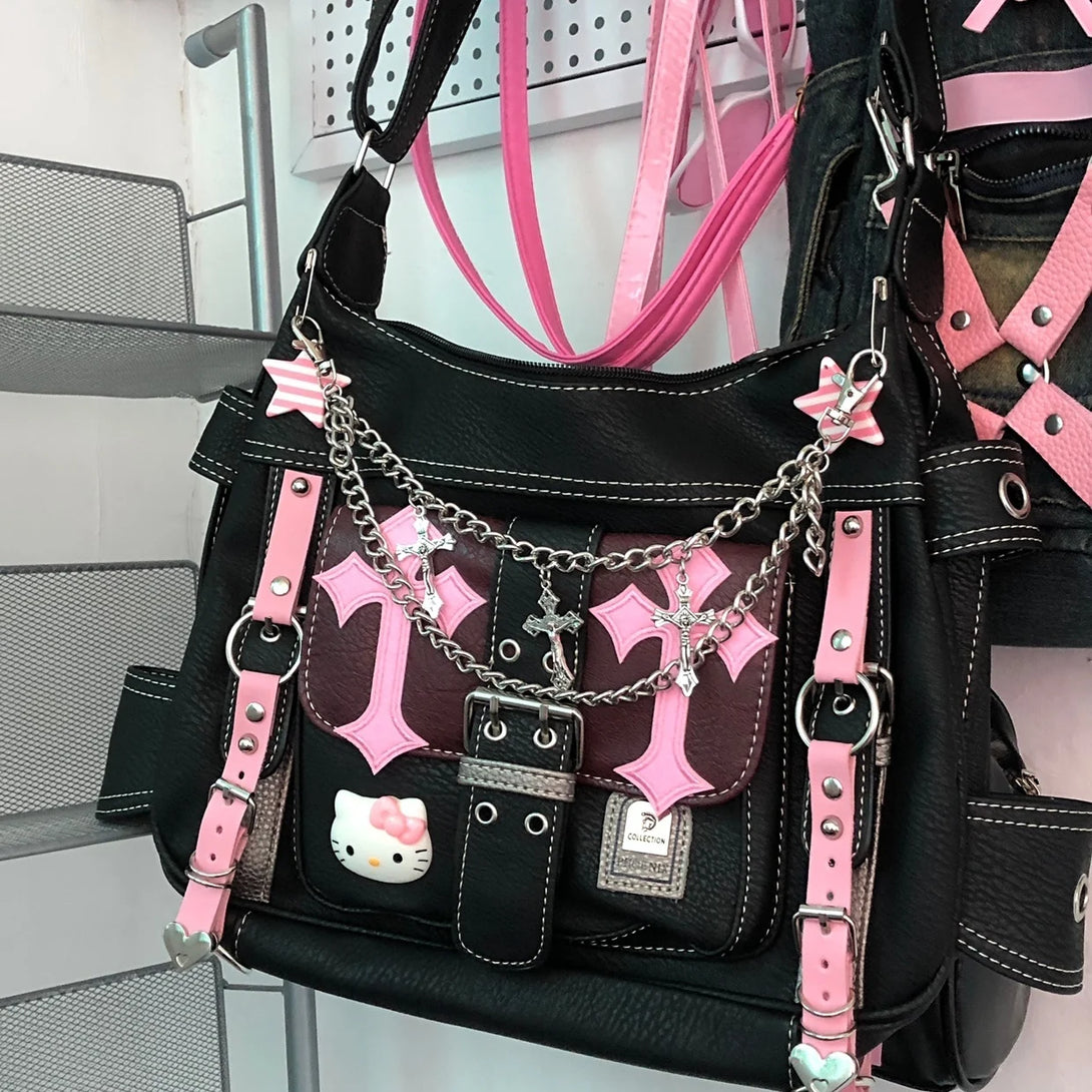 Front view of the black Gothic Charm Hello Kitty Handbag 