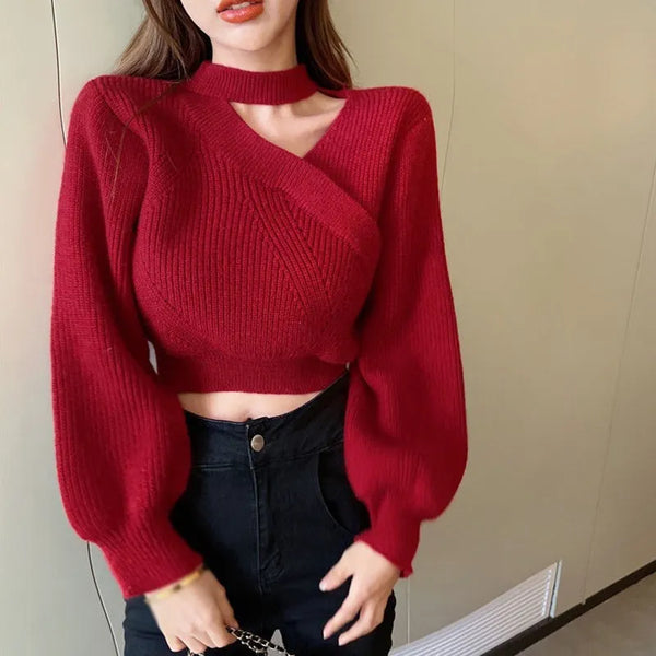 Model wearing the red Off Shoulder Christmas Sweater