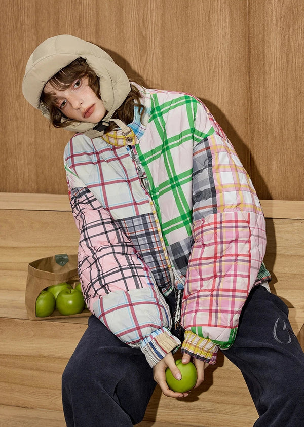 Y2K Color Block Plaid Casual Puffer Jacket