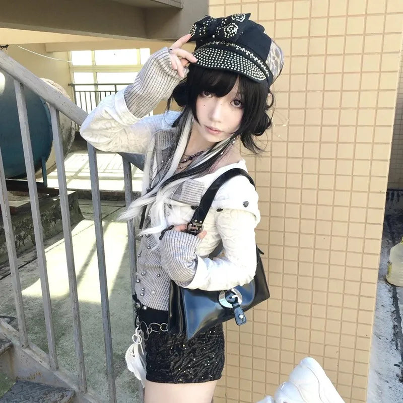 Model wearing the white Studded Military Crop Jacket