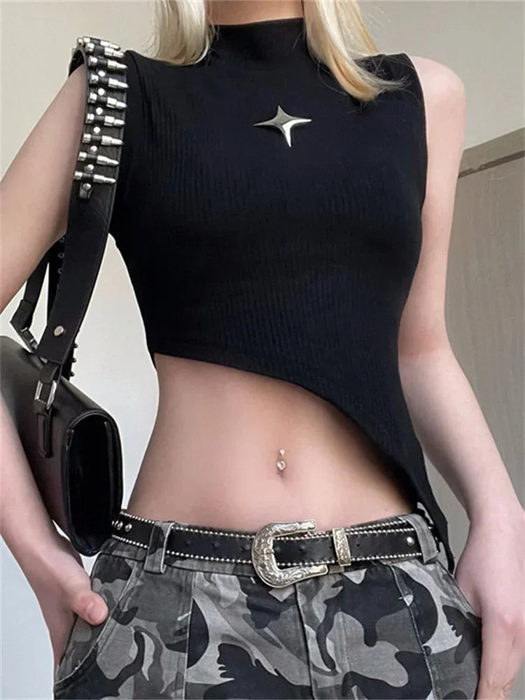 Model wearing the black Y2K Starlight Shimmer Top