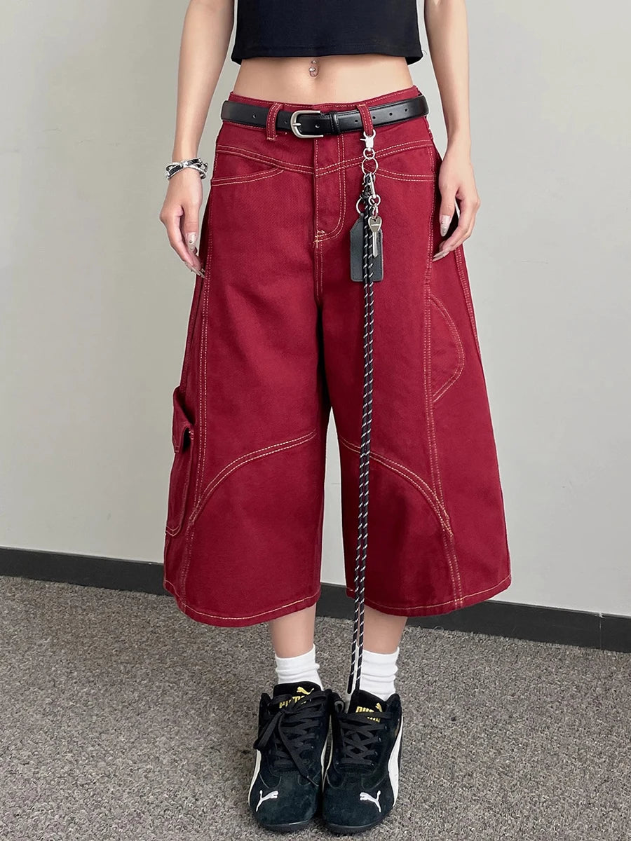Pathwork Jorts Retro Hip Hop High Waist Patchwork Cargo Jorts – DAXUEN
