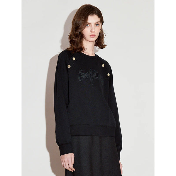Luxury Black Embroidered Button Sweatshirt