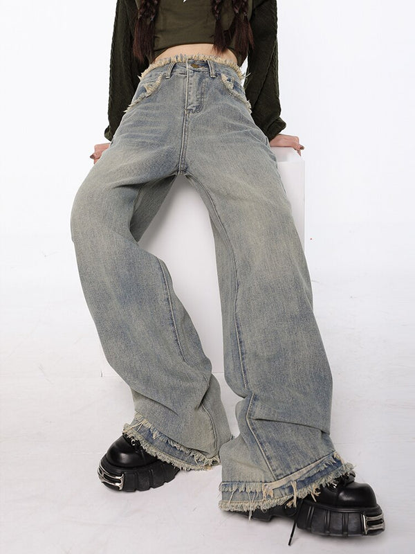 Raw Edged Baggy Washed Denim Pants