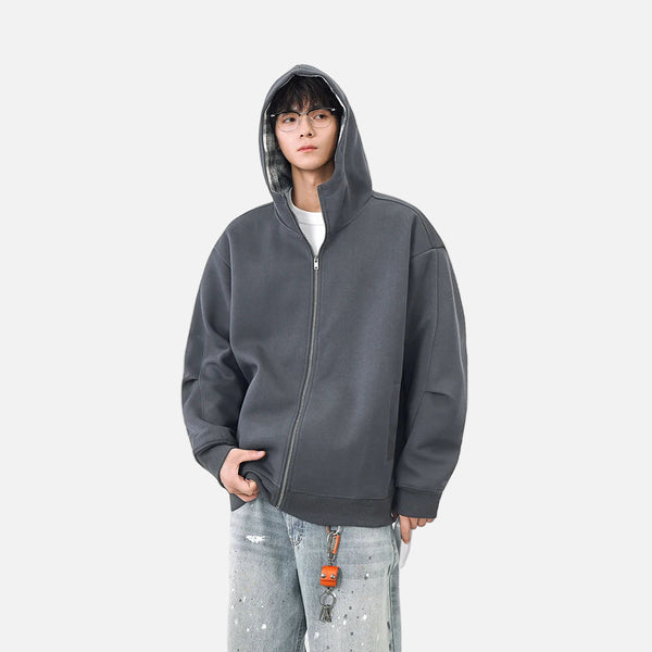 Plaid Zip-Up Casual Loose Hooded Sweatshirt