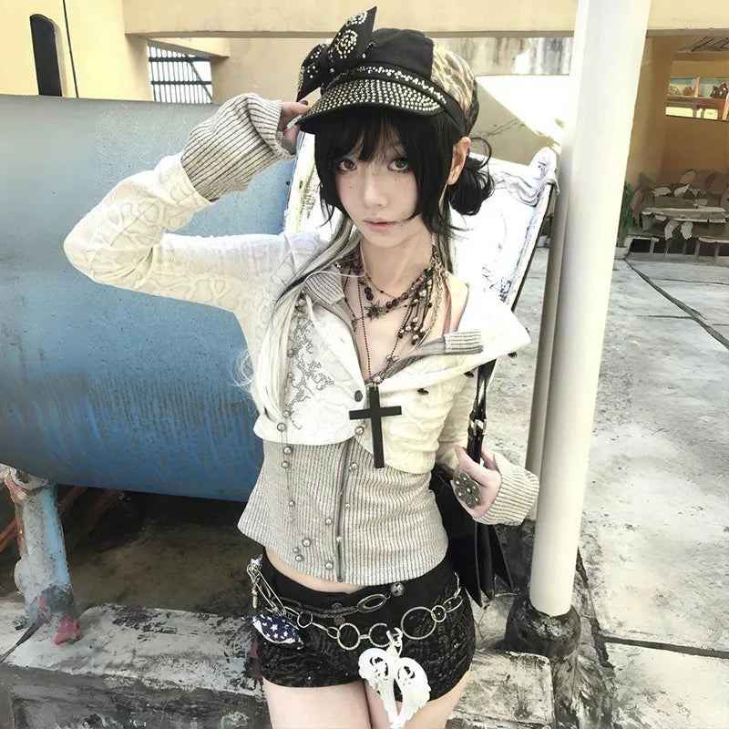 Model wearing the white Studded Military Crop Jacket