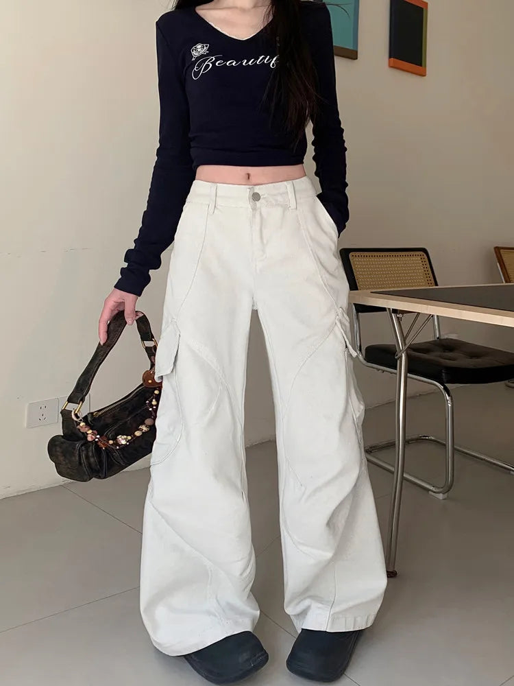 Model wearing the white Modern Wide-Leg Cargo Pants
