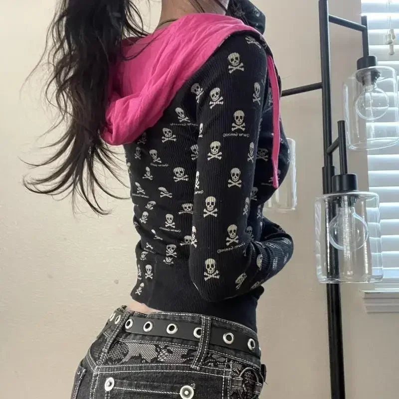 Model wearing the black Skull and Crossbones Zip-Up Hoodie