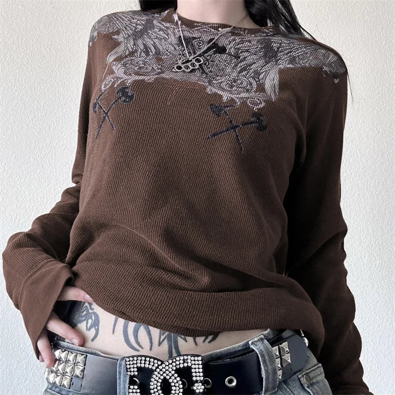 Model weaing the brown Ethereal Skull Embrace T-Shirt