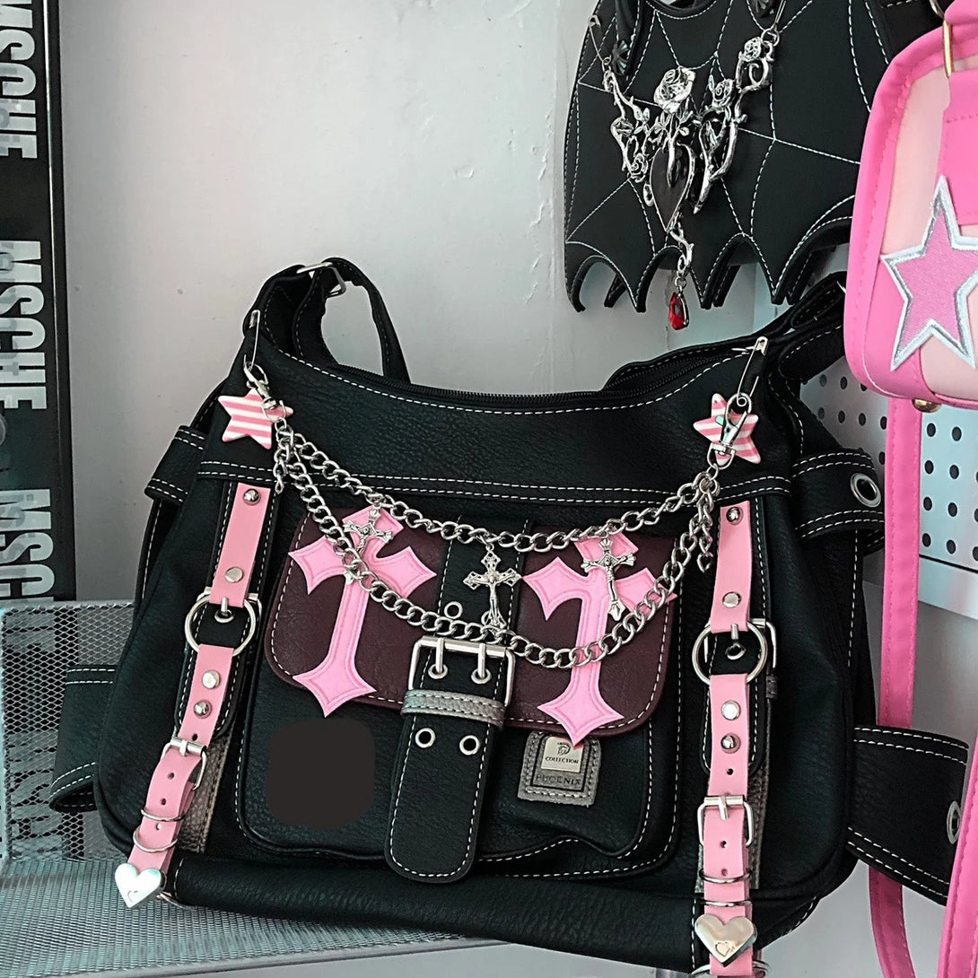 Front view of the black Gothic Charm Hello Kitty Handbag 