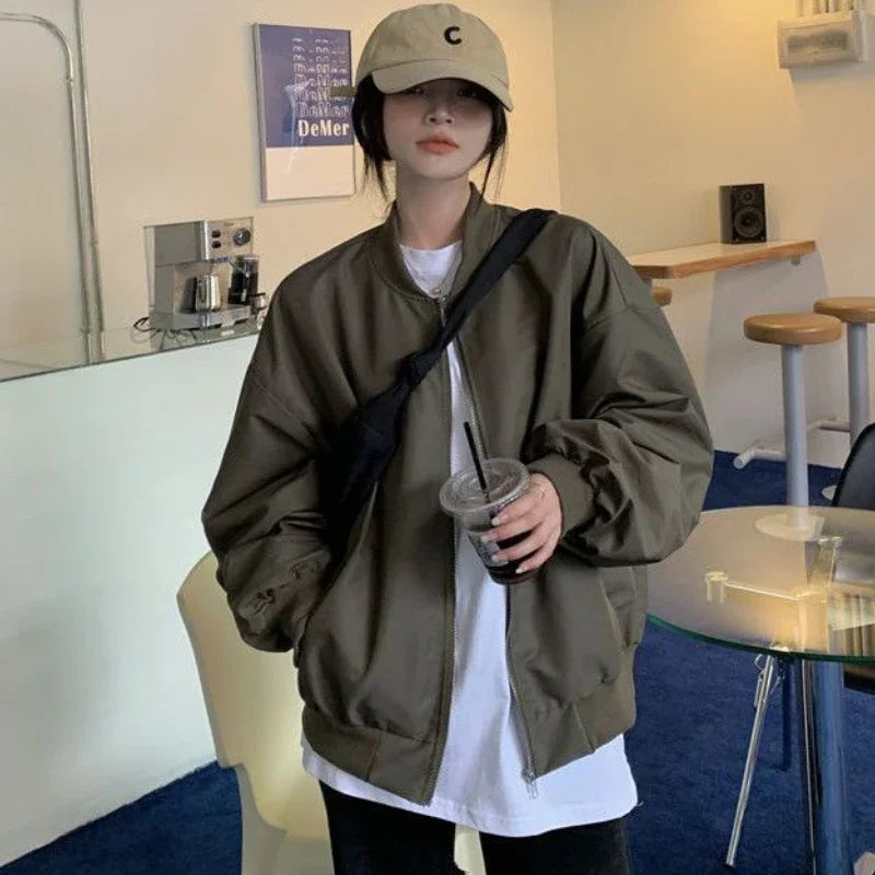 Model wearing the army green Urban Oversized Bomber Jacket