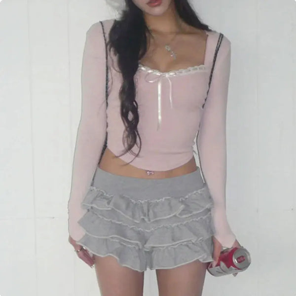 Blush Elegance Lace Crop T-shirt