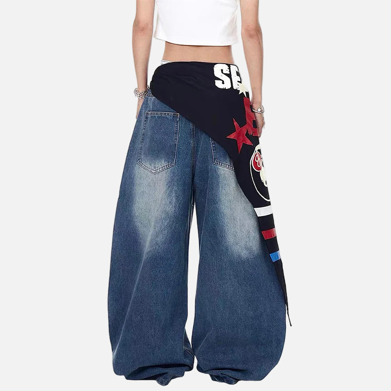 Person wearing wide-leg jeans with a colorful bandana over the shoulder on a white background