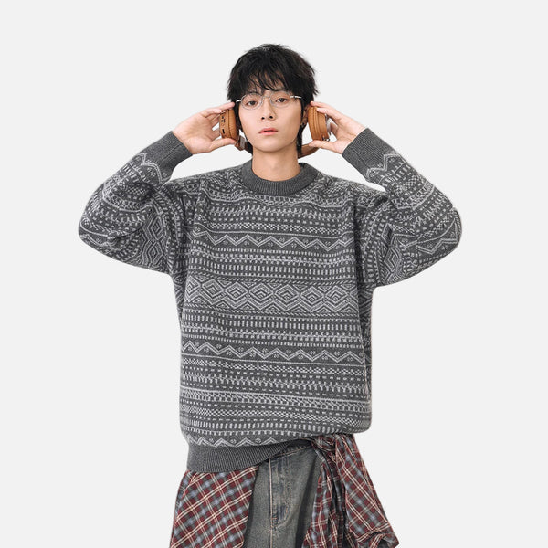 Y2K Plush Ethnic Knit Crew Neck Sweater