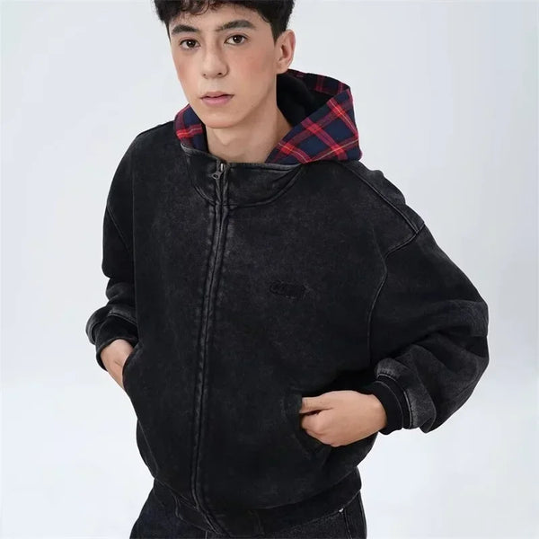 Vintage Streetwear Plaid Reißverschluss Cooles Kapuzenpullover