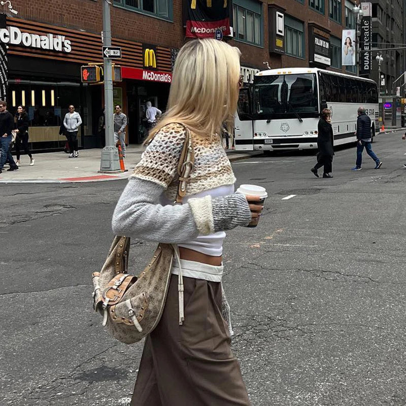 Model wearing the gray Cropped Knit Sweater