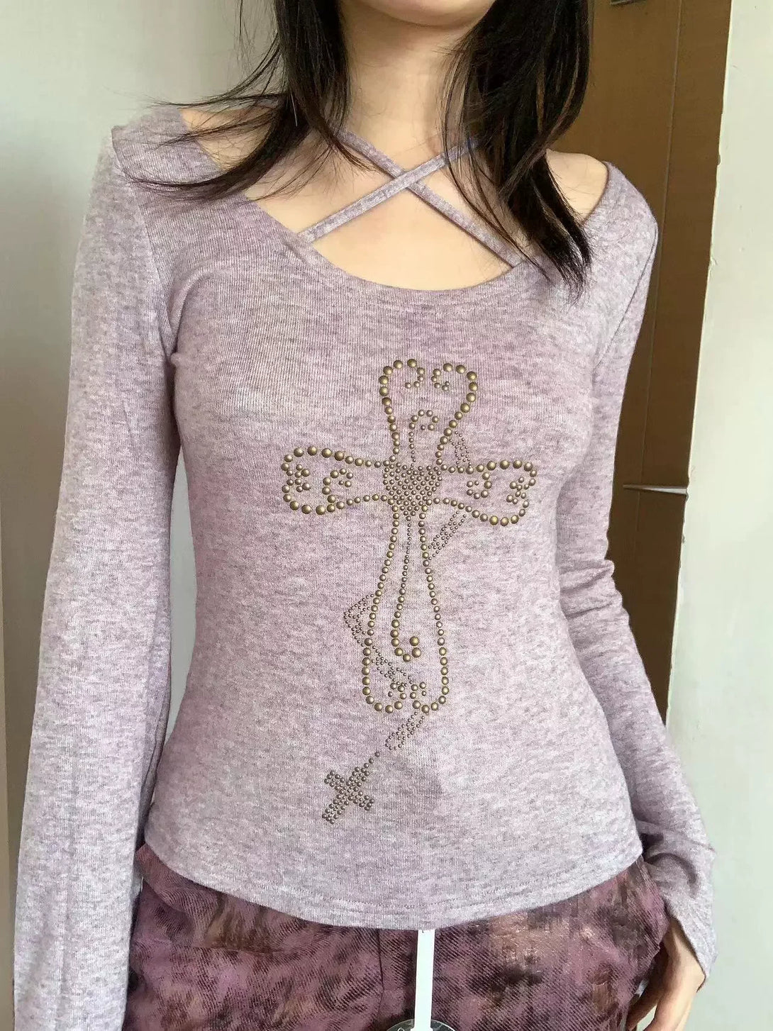 Model wearing the purple Criss-Cross Back Bell Sleeve T-Shirt