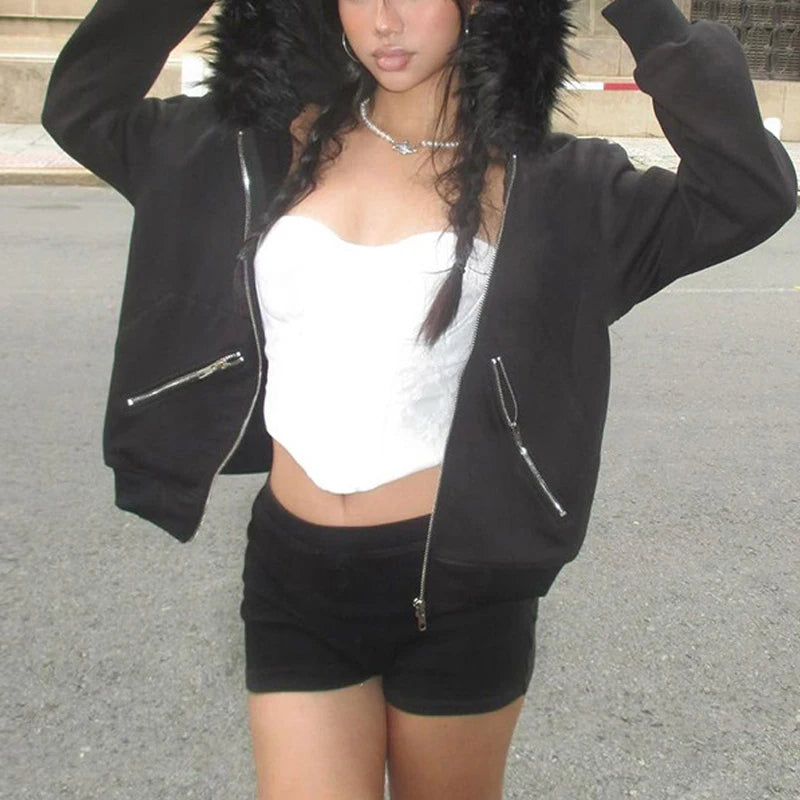 Model wearing the black Fur-Hooded Arctic Jacket