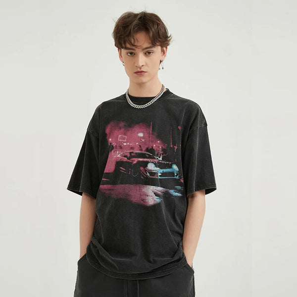 Camiseta negra lavada Retro de Hip Hop para hombre, ropa de calle con gráfico Vintage de coche de carreras, camiseta de algodón Unisex, camisetas Y2K 2024