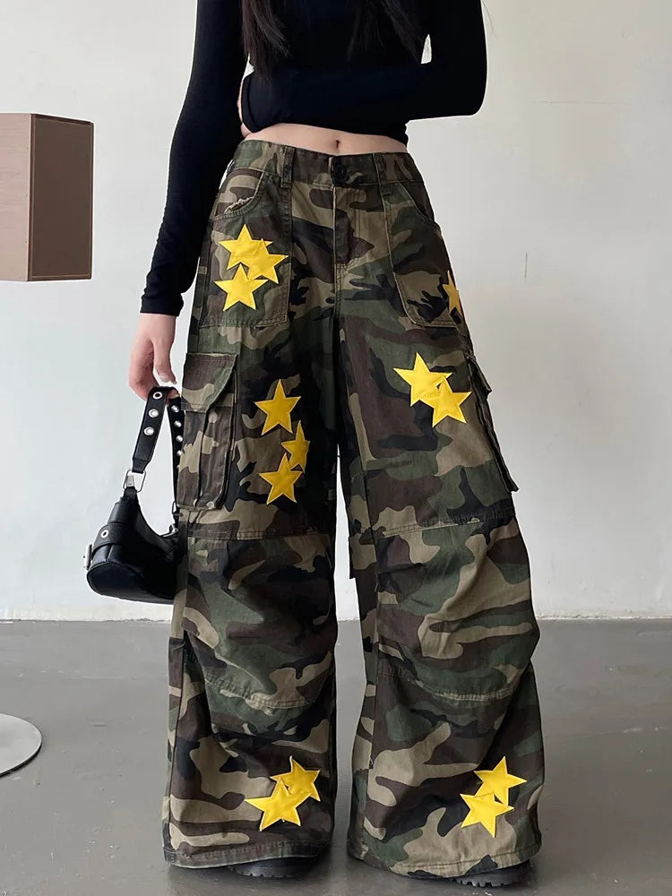 Model wearing the Camouflage Star-Studded Cargo Pants