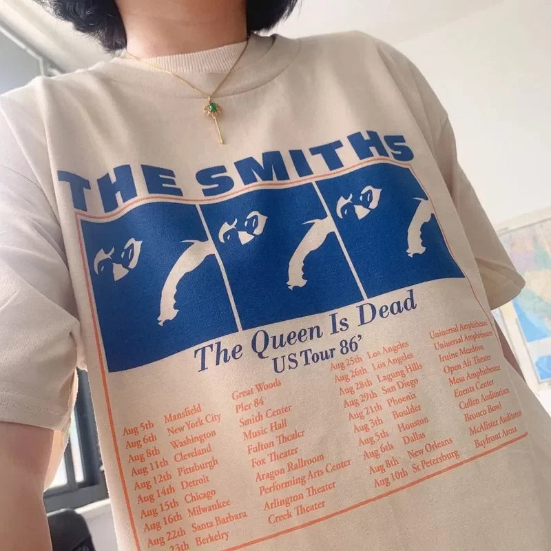 Model wearing the beige The Smiths US Tour '86 Tribute T-Shirt