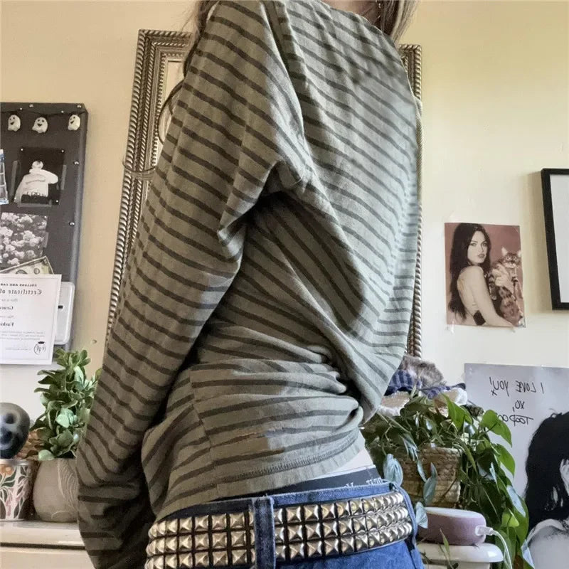 Model wearing the green Striped Long Sleeve T-Shirt