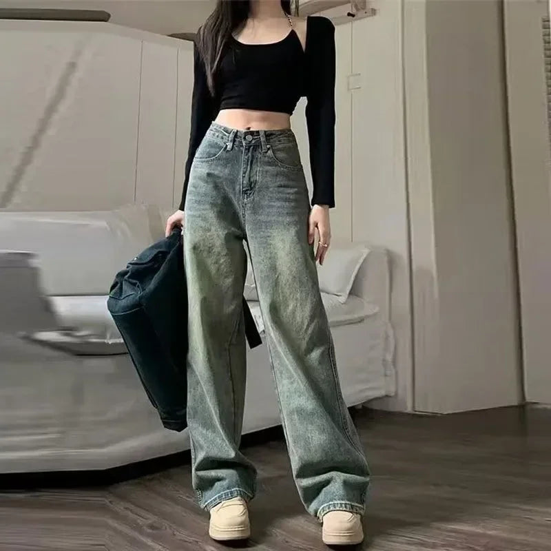 Model wearing the blue Vintage High-Waisted Wide-Leg Jeans