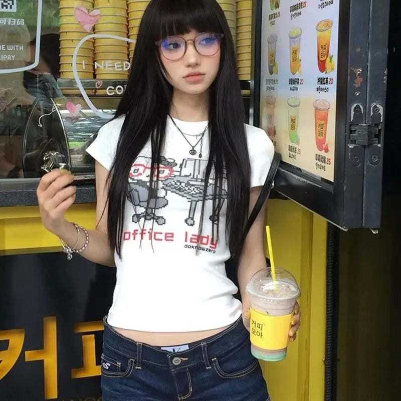 Model wearing the white Graphic Office Lady T-Shirt