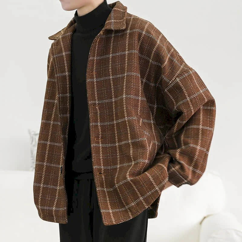 Model wearing the coffee Plaid Perfection Jacket