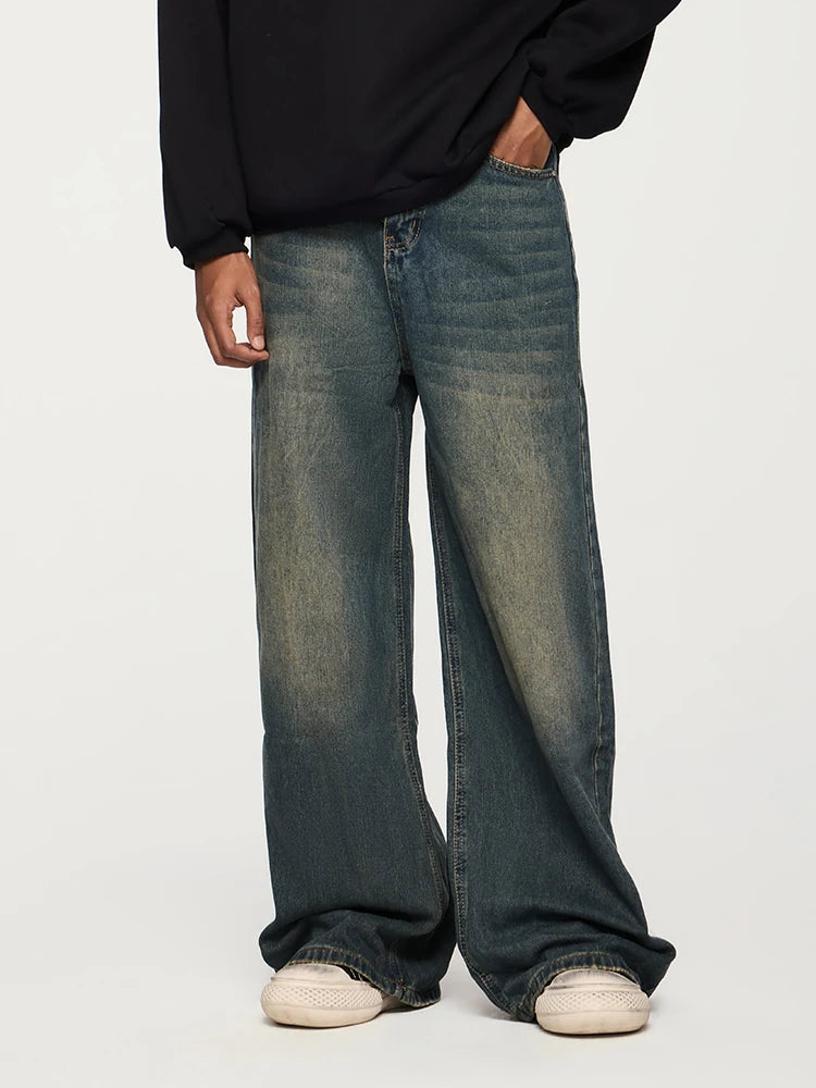 Model wearing the retro blue Relaxed Fit Wide-Leg Jeans