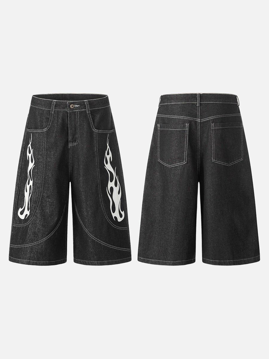 Flame Graphics Dark Grey Wide-Leg Shorts | DAXUEN