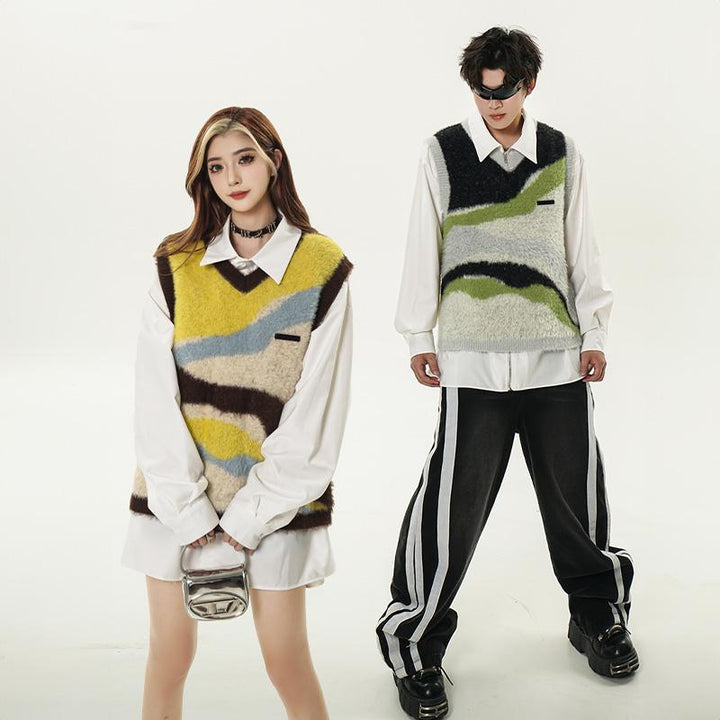 2 Models wearing Y2k Fuzzy Knitted Vest while standing in gray background