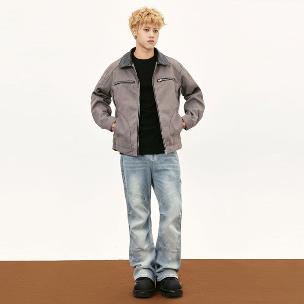 Model wearing the grey Y2k Vintage Zip-up Jacket in a gray background 